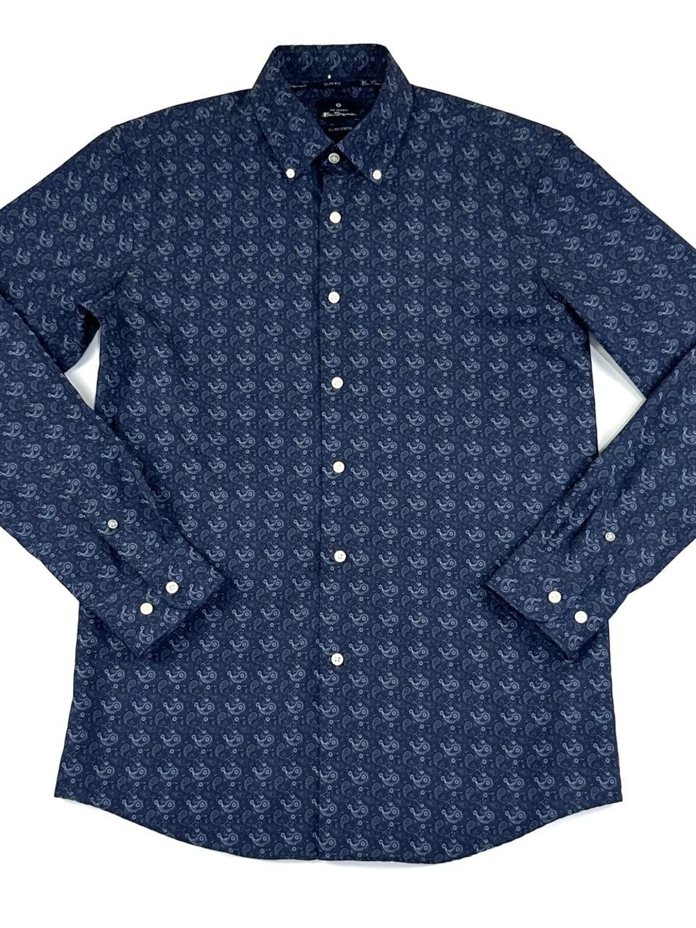 Ben Sherman Slim Fit Navy Paisley Stretch Button Down Shirt Men's M 15/15.5